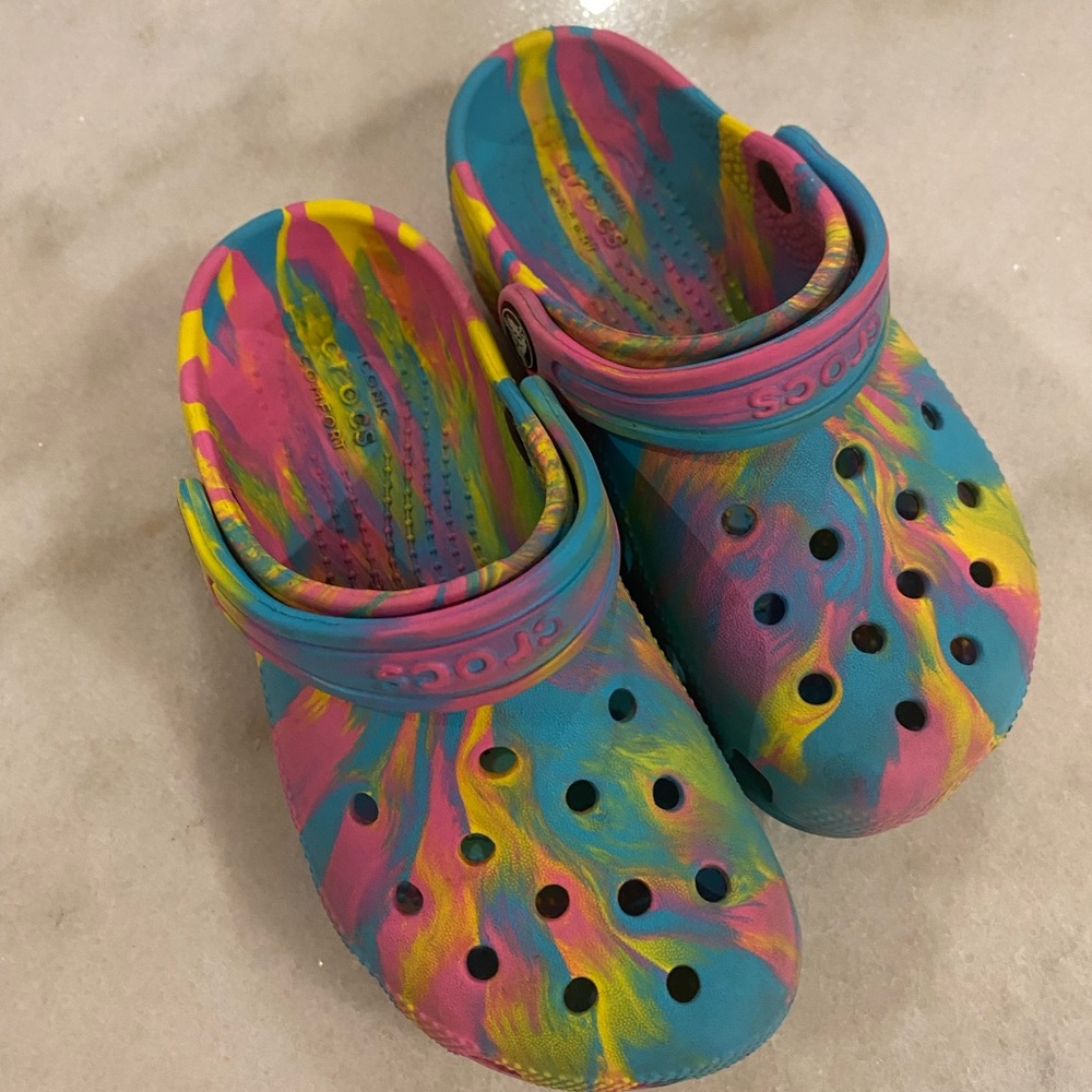 Rainbow, tie dye Crocs